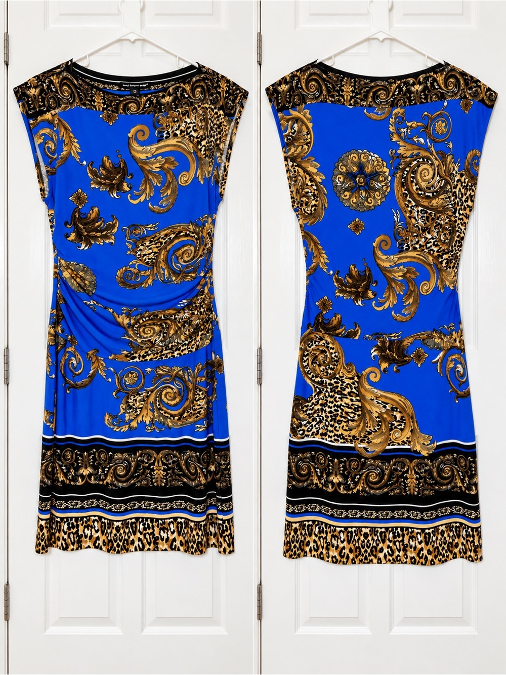 Saint Tropez West Size 10 Blue Gold Baroque Leopard Print Ruched Dress
